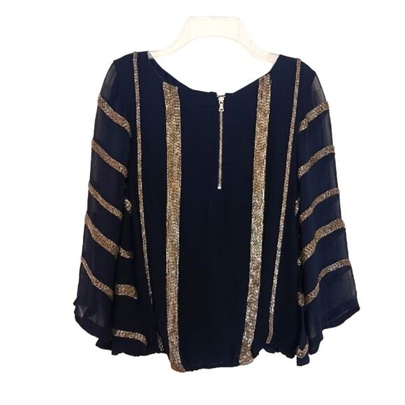 Alice + Olivia SILK Blouse Beaded Sz XS DARK BLUE Boxy Short Flowy Cocktail - Picture 7 of 15